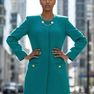 Vintage 1980s Depeche Mode Teal Sheath Dress Gold Button Chain Front Size 10 EUC